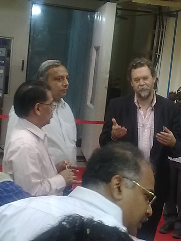 Dr. T. Ramasani (Secy to the Government of India, Dept. Sci & Tech) and Dr. G. Sundararajan ( Dir. ARCI) listen to Dr. David Reisner at the ARCI-Inframat SPPS Centre Inaugural Ceremony on January 17, 2009 ion Hyderabad.